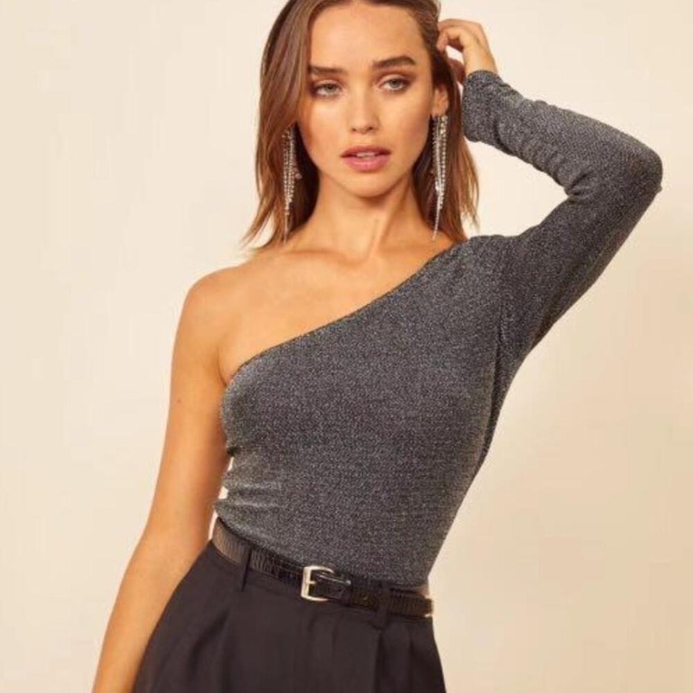 Reformation Women's Sterling One Shoulder Top Silver Medium Metallic Date Night